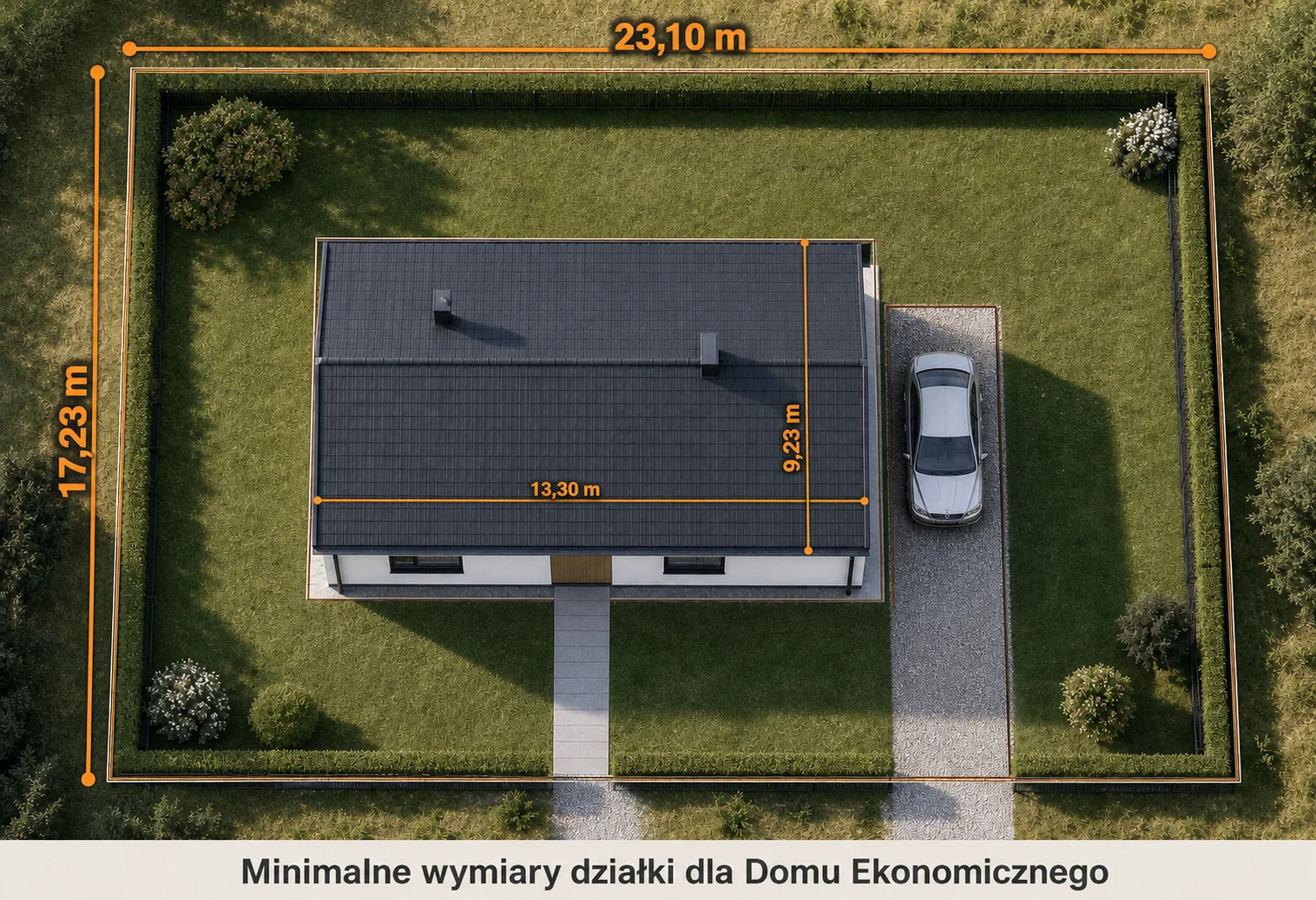 Widok z góry przedstawiający minimalne wymiary działki 23,10 na 17,23 metra dla modelu WAWA 3